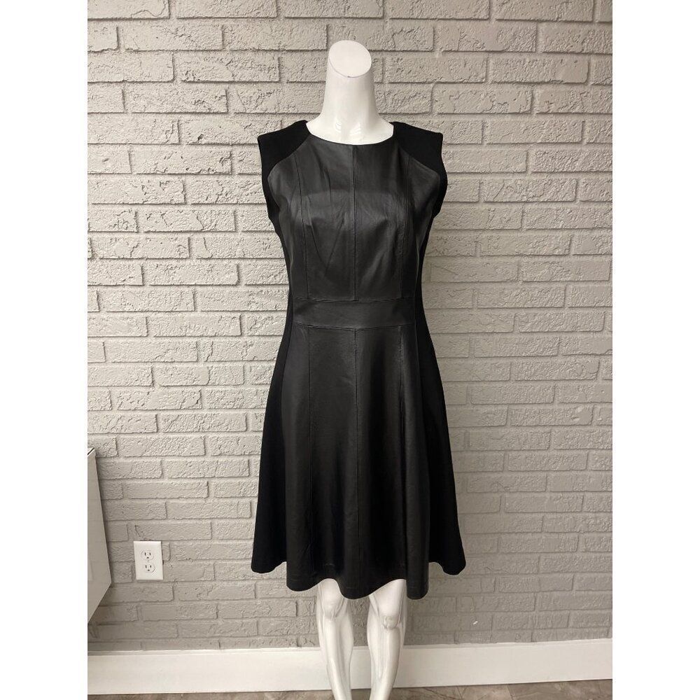 My Tribe Women Black Ponte Knit & Leather Panel Fit & Flare Dress Size M
